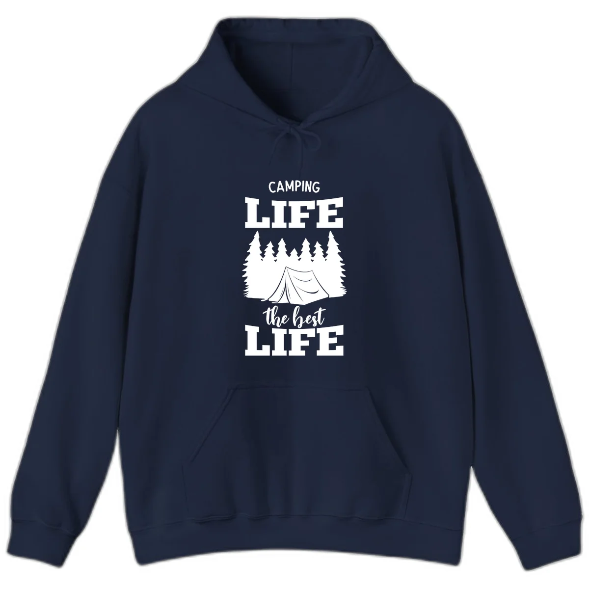 White tent and forest silhouette with text reading Camping Life The Best Life on gray background in Navy