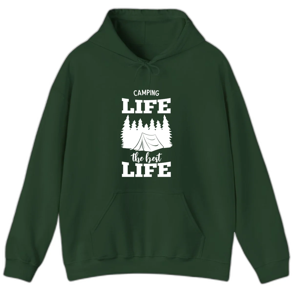 White tent and forest silhouette with text reading Camping Life The Best Life on gray background in Forest Green