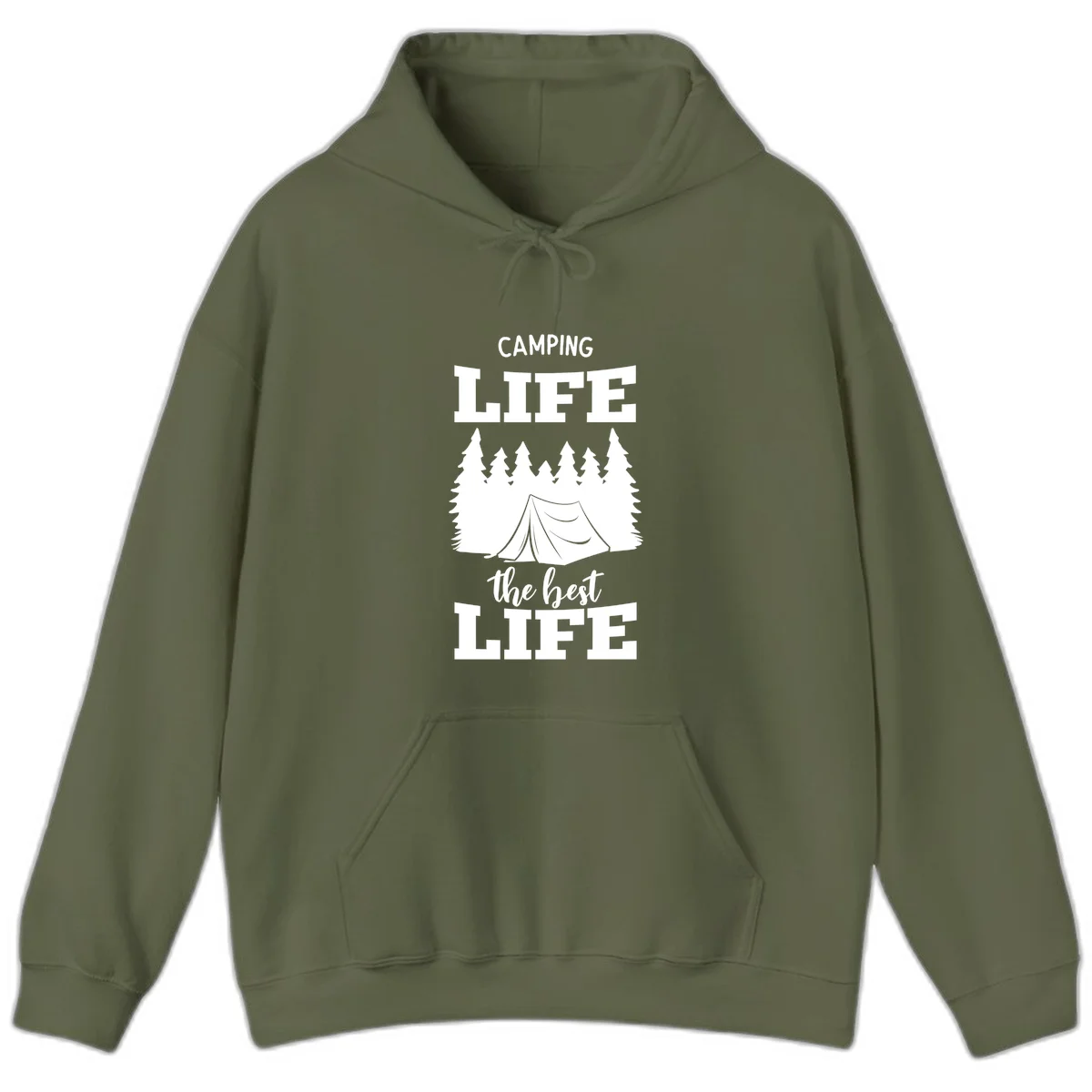 White tent and forest silhouette with text reading Camping Life The Best Life on gray background in Military Green