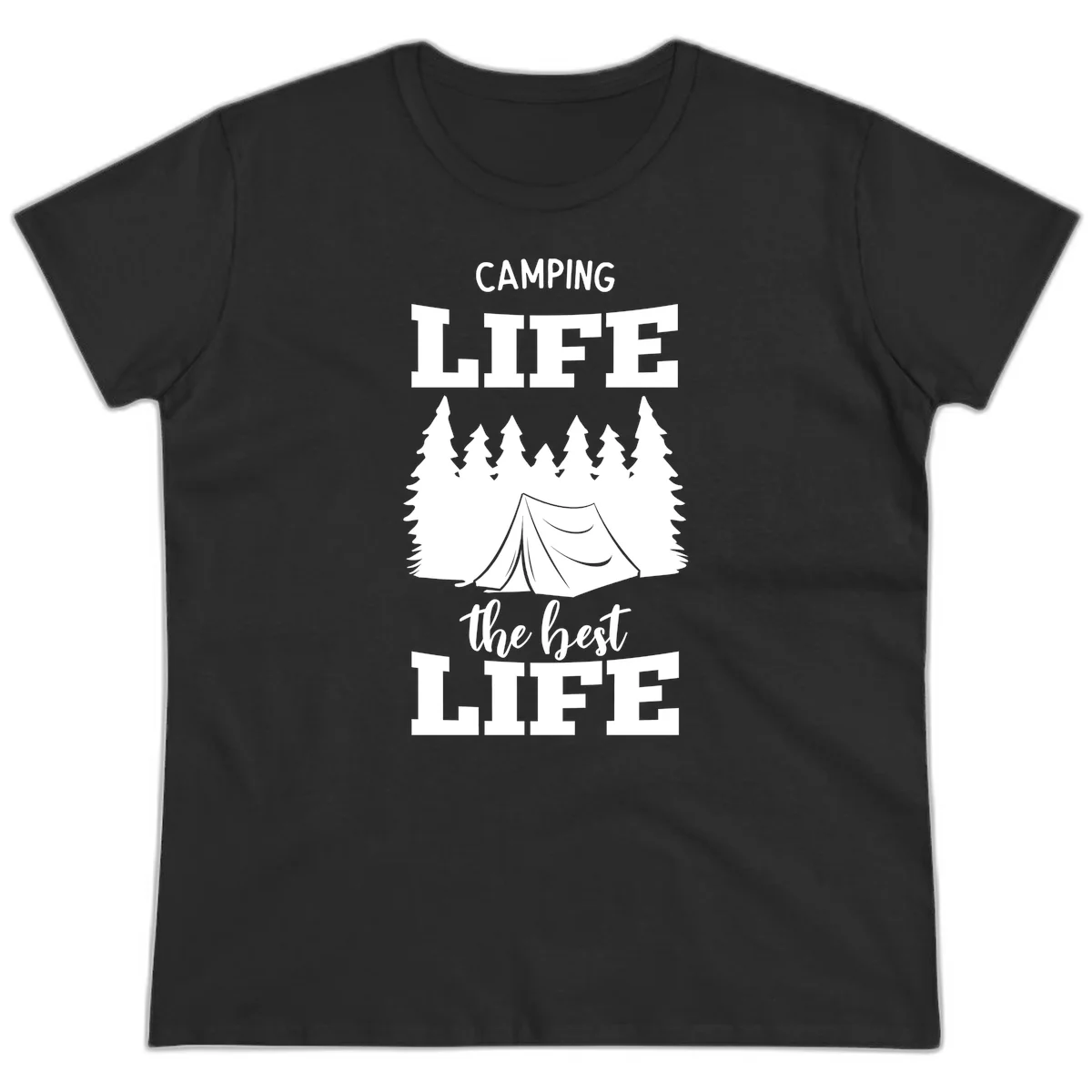 White tent and forest silhouette with text reading Camping Life The Best Life on gray background in Black