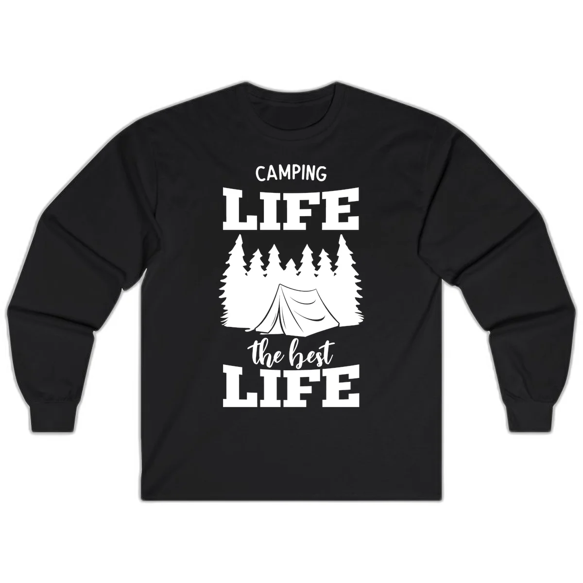White tent and forest silhouette with text reading Camping Life The Best Life on gray background in Black