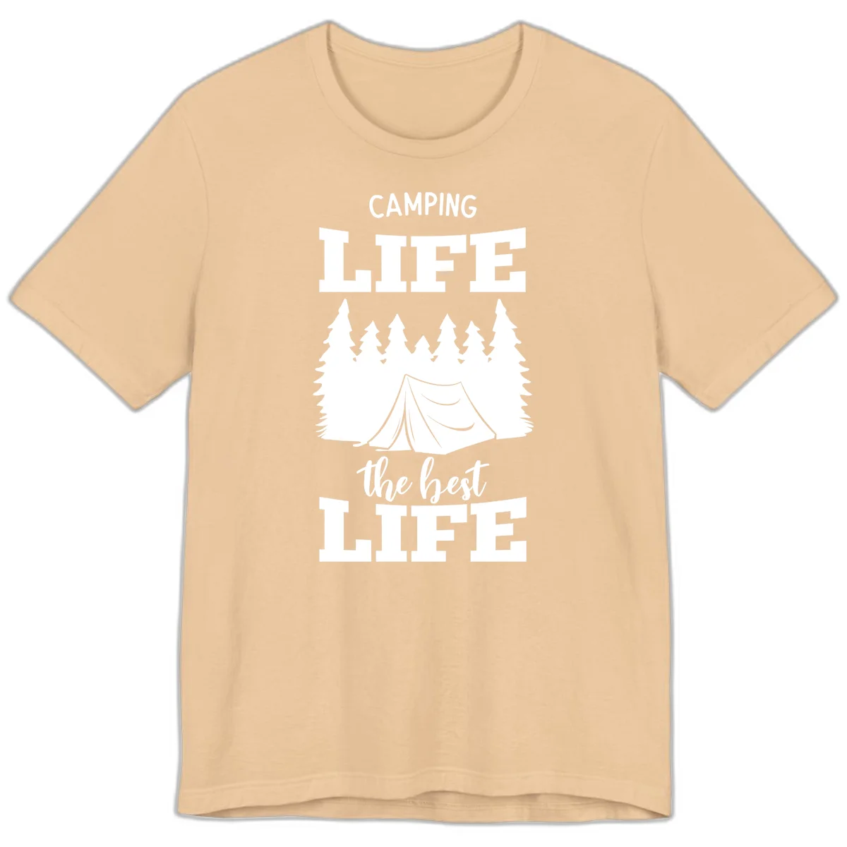 White tent and forest silhouette with text reading Camping Life The Best Life on gray background in Sand Dune