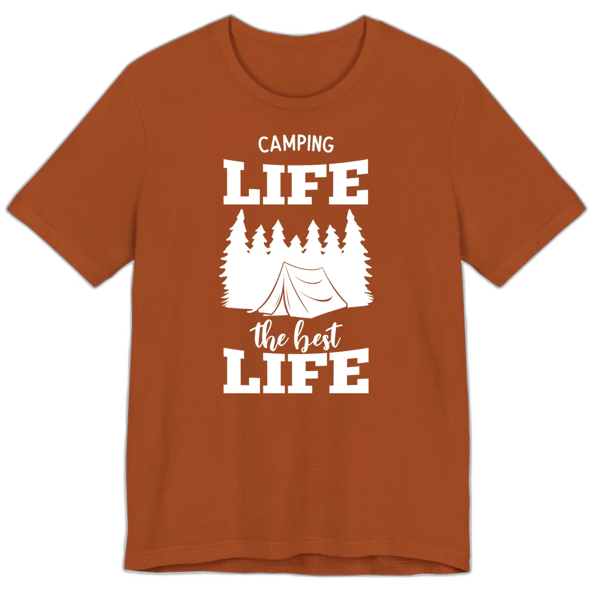 White tent and forest silhouette with text reading Camping Life The Best Life on gray background in Autumn