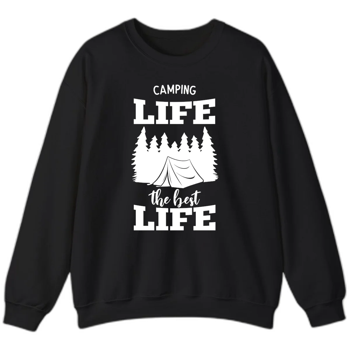 White tent and forest silhouette with text reading Camping Life The Best Life on gray background in Black