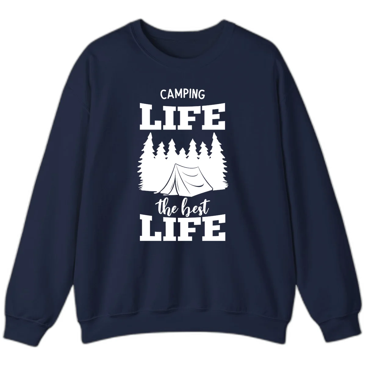 White tent and forest silhouette with text reading Camping Life The Best Life on gray background in Navy