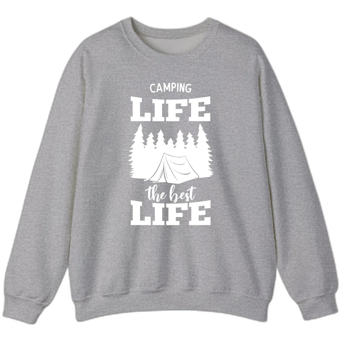 White tent and forest silhouette with text reading Camping Life The Best Life on gray background in Sport Grey
