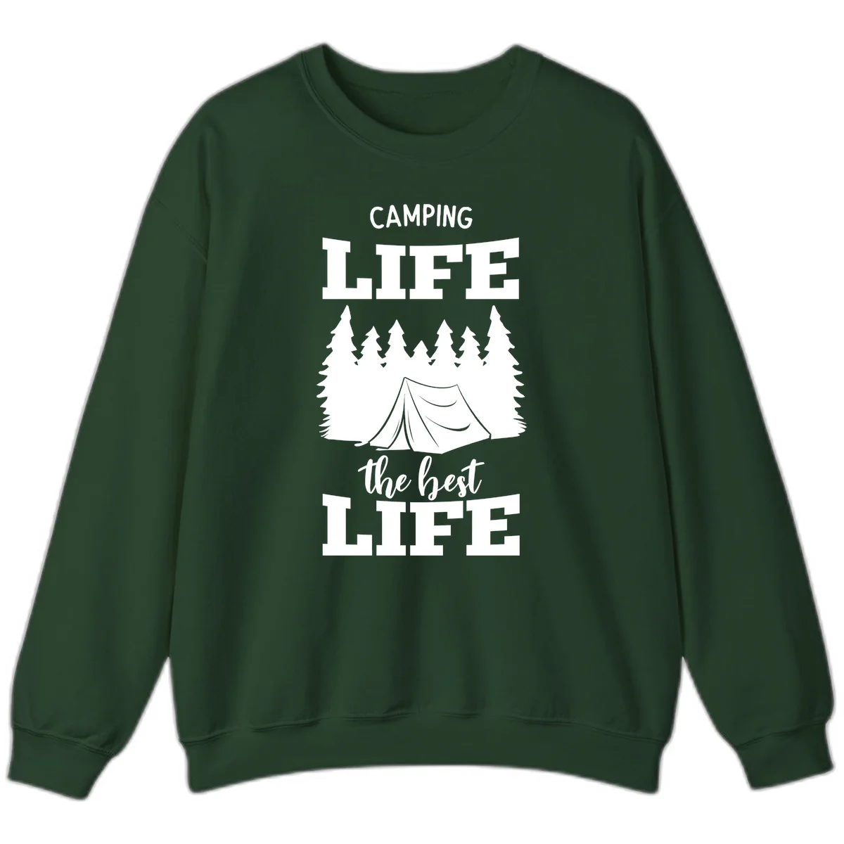 White tent and forest silhouette with text reading Camping Life The Best Life on gray background in Forest Green