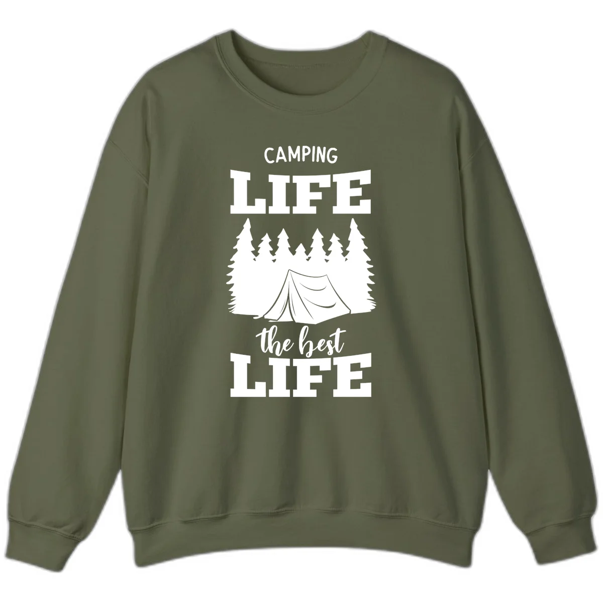 White tent and forest silhouette with text reading Camping Life The Best Life on gray background in Military Green