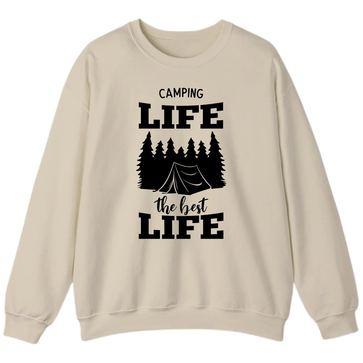 White tent and forest silhouette with text reading Camping Life The Best Life on gray background in Sand