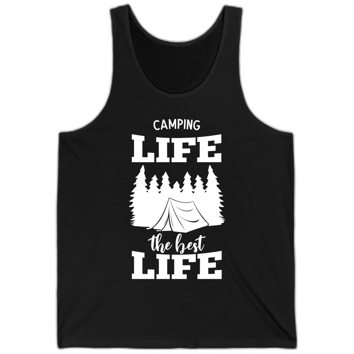 White tent and forest silhouette with text reading Camping Life The Best Life on gray background in Black