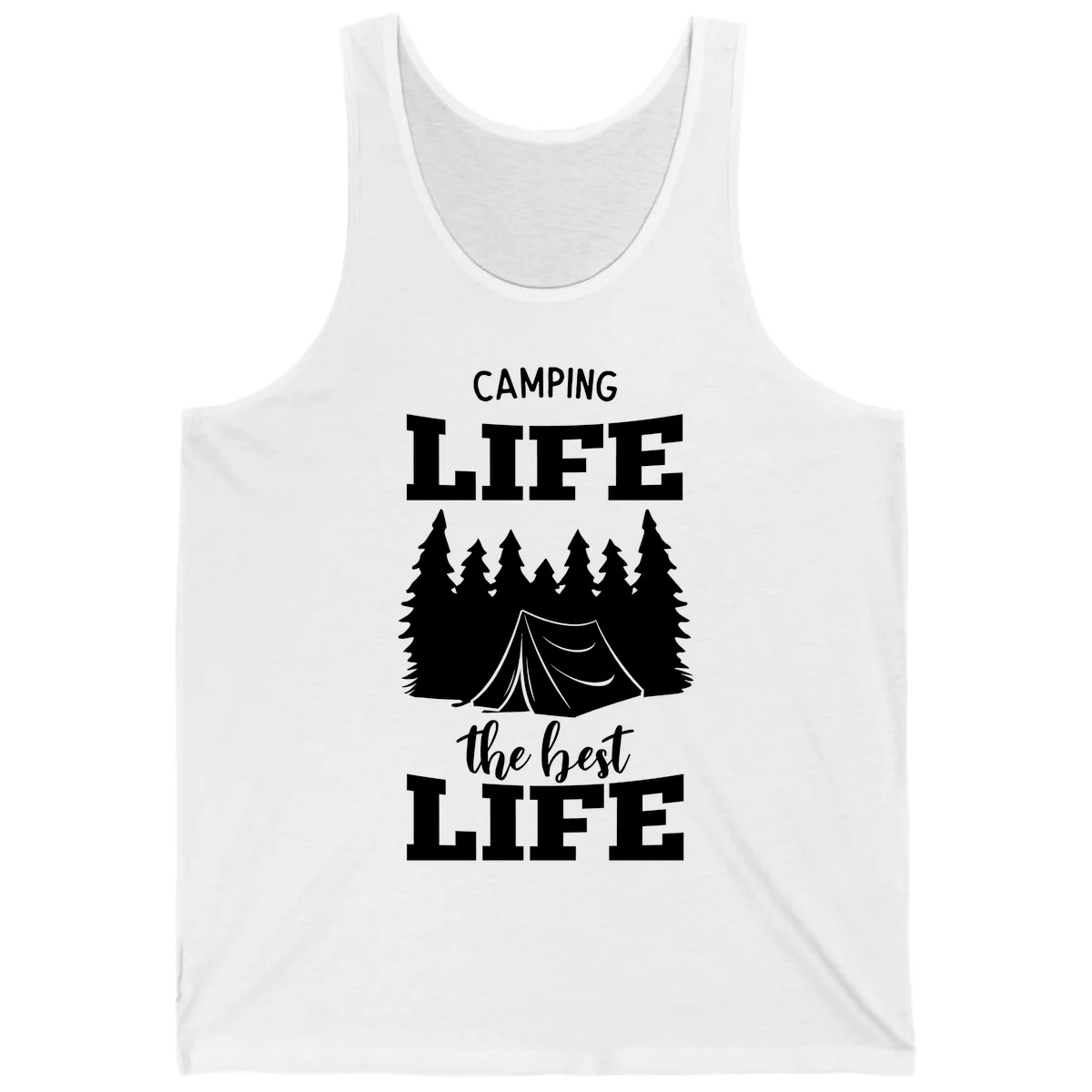 White tent and forest silhouette with text reading Camping Life The Best Life on gray background in White