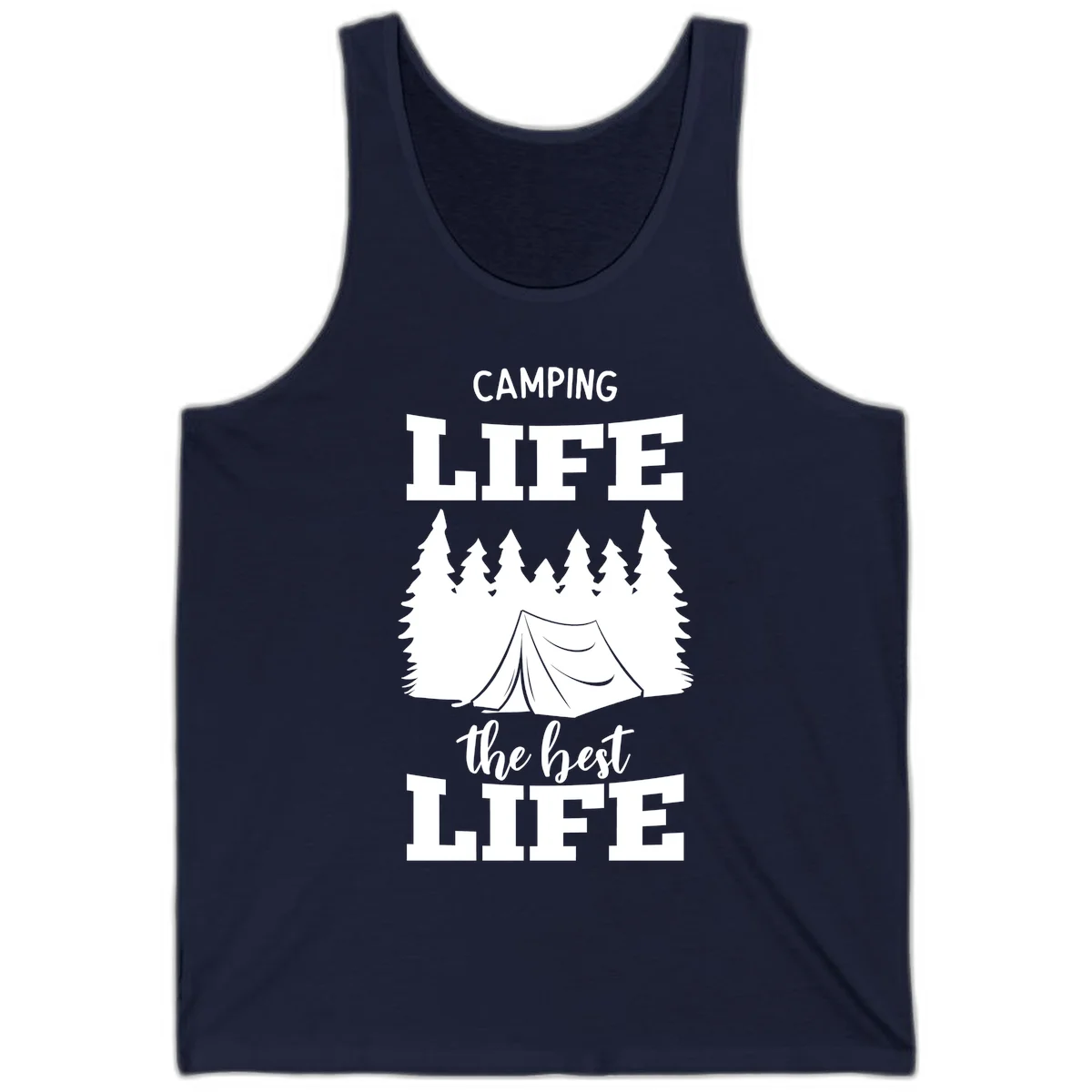 White tent and forest silhouette with text reading Camping Life The Best Life on gray background in Navy