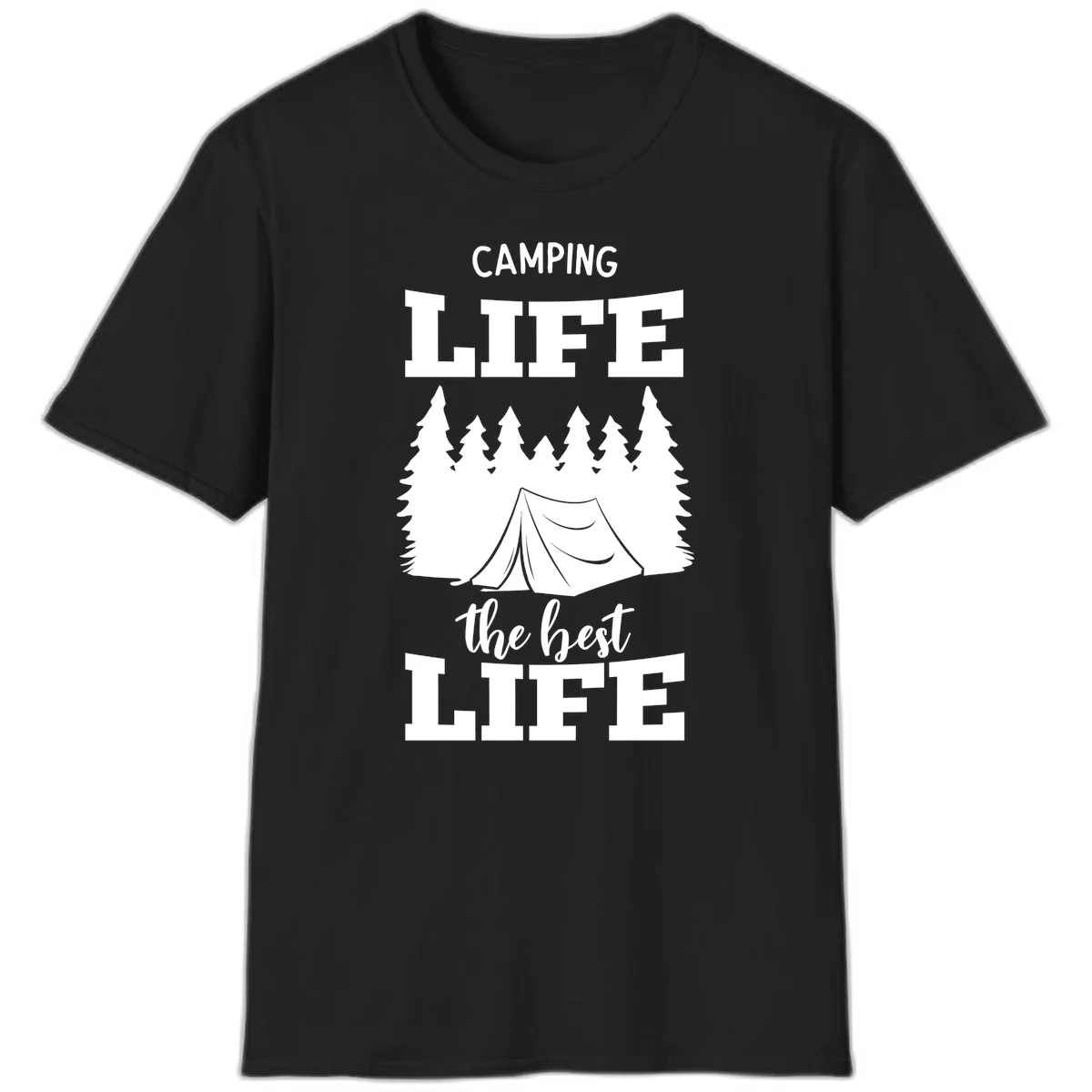 White tent and forest silhouette with text reading Camping Life The Best Life on gray background in Black
