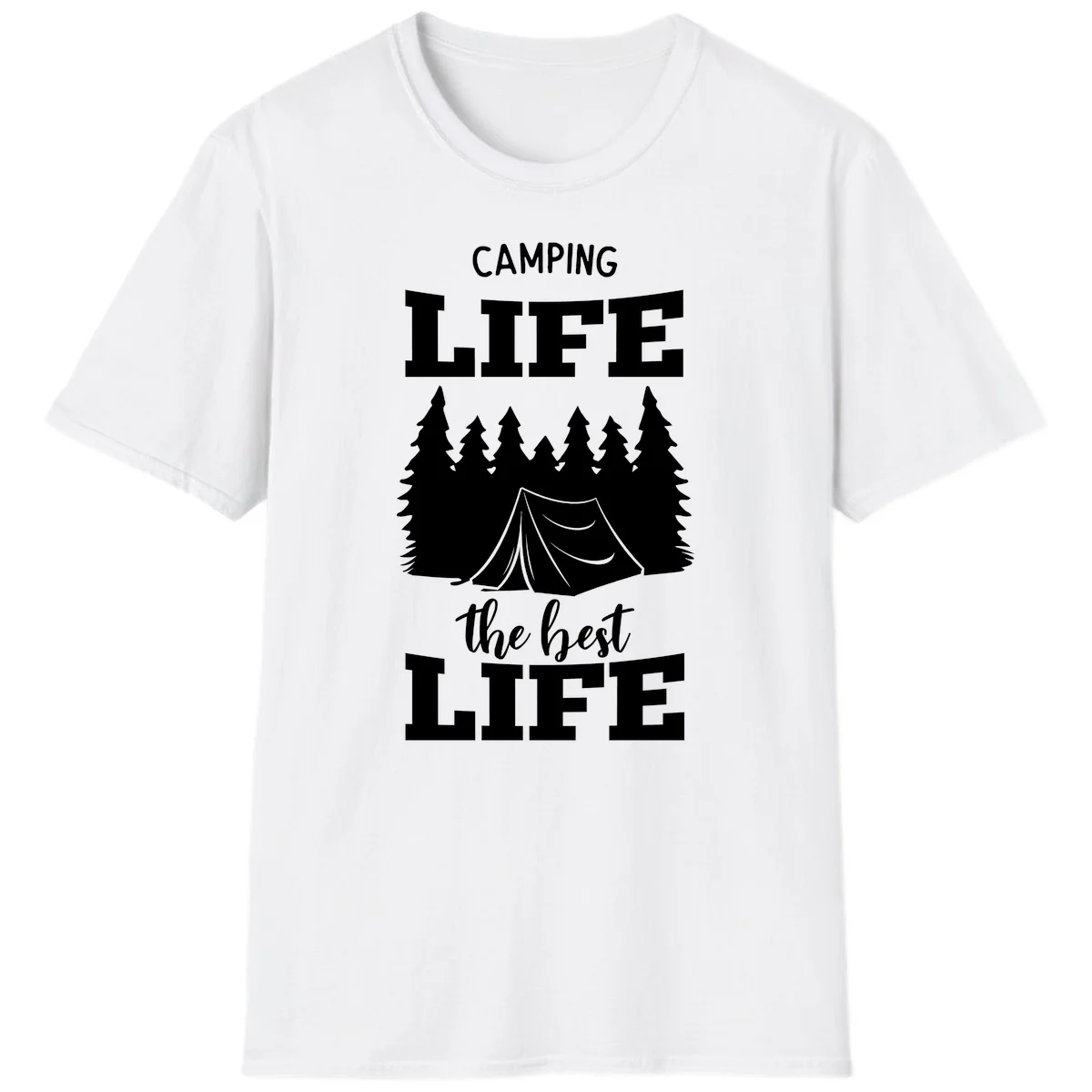White tent and forest silhouette with text reading Camping Life The Best Life on gray background in White