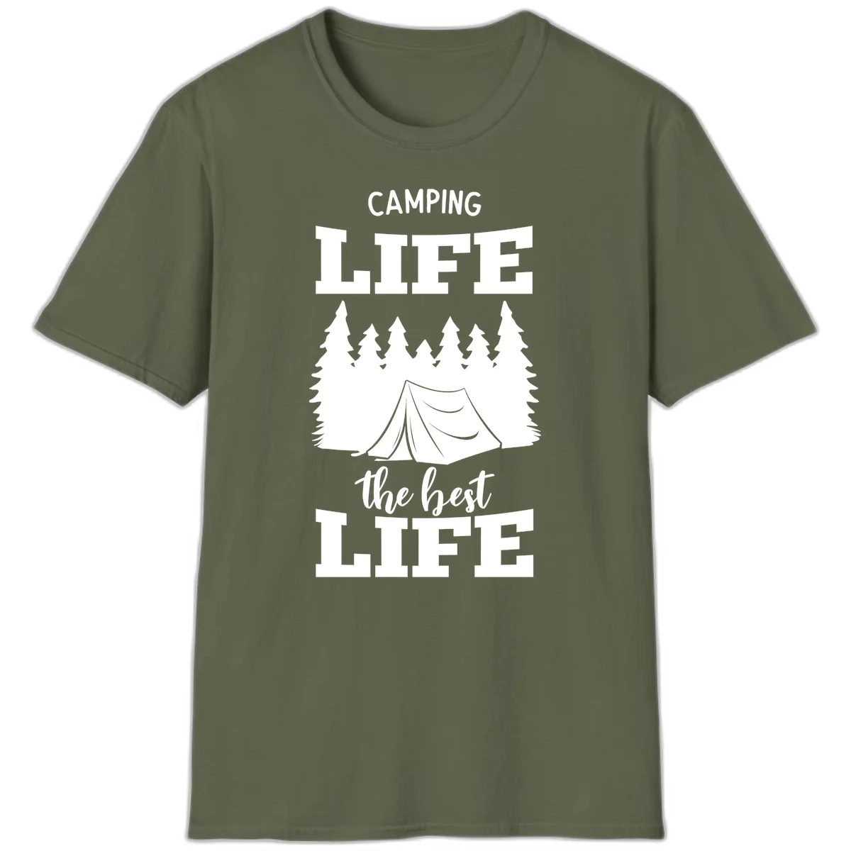 White tent and forest silhouette with text reading Camping Life The Best Life on gray background in Military Green