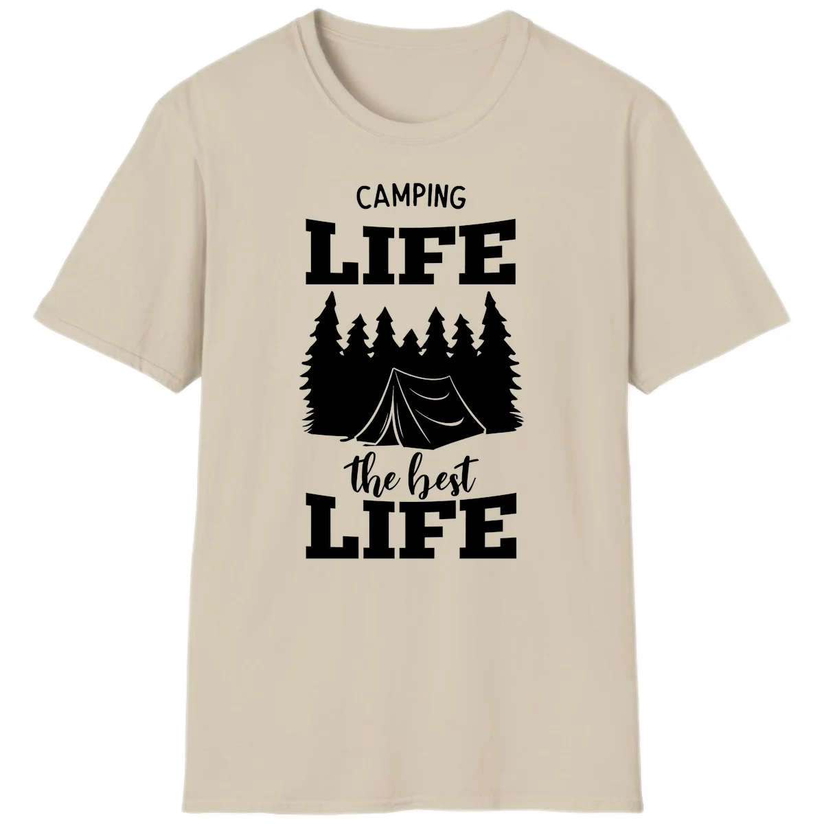 White tent and forest silhouette with text reading Camping Life The Best Life on gray background in Sand
