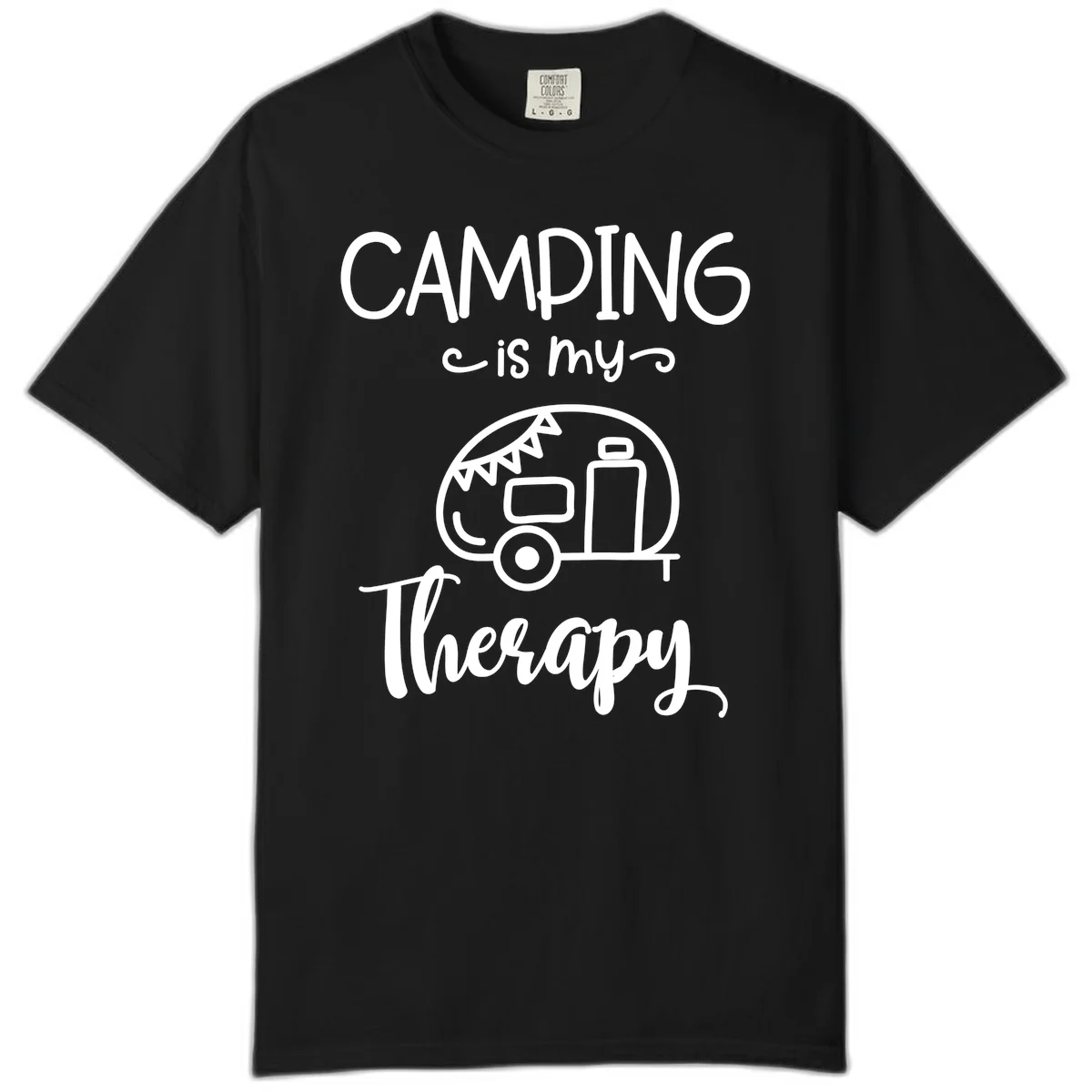 White line drawing of vintage travel trailer with bunting and text reading 'Camping is my Therapy' on gray background in Black