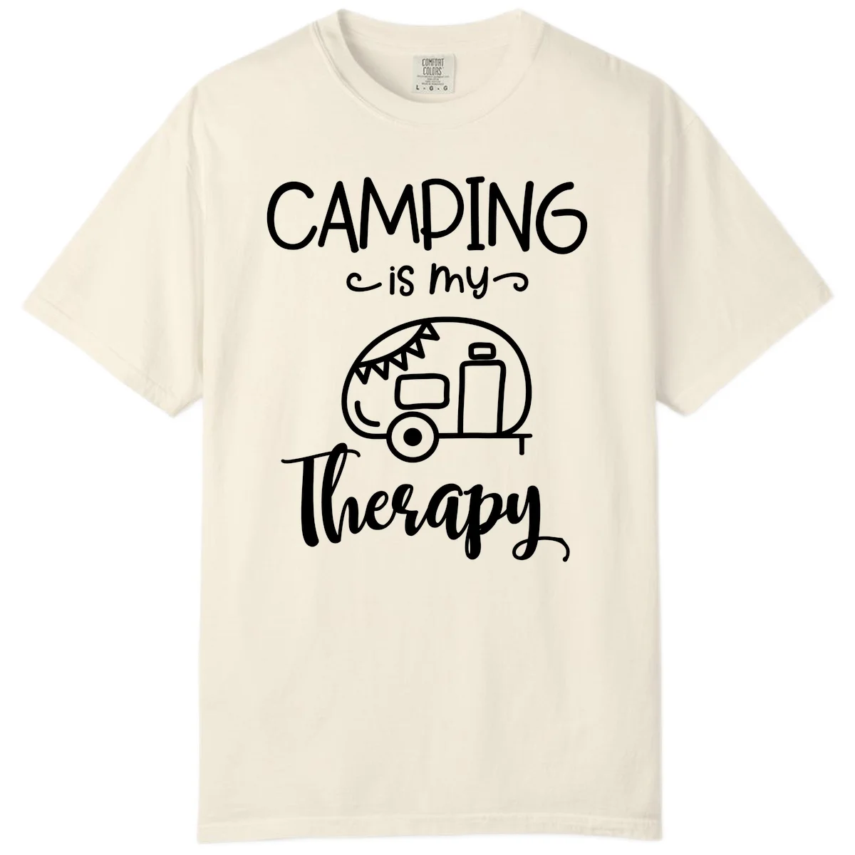 White line drawing of vintage travel trailer with bunting and text reading 'Camping is my Therapy' on gray background in Ivory