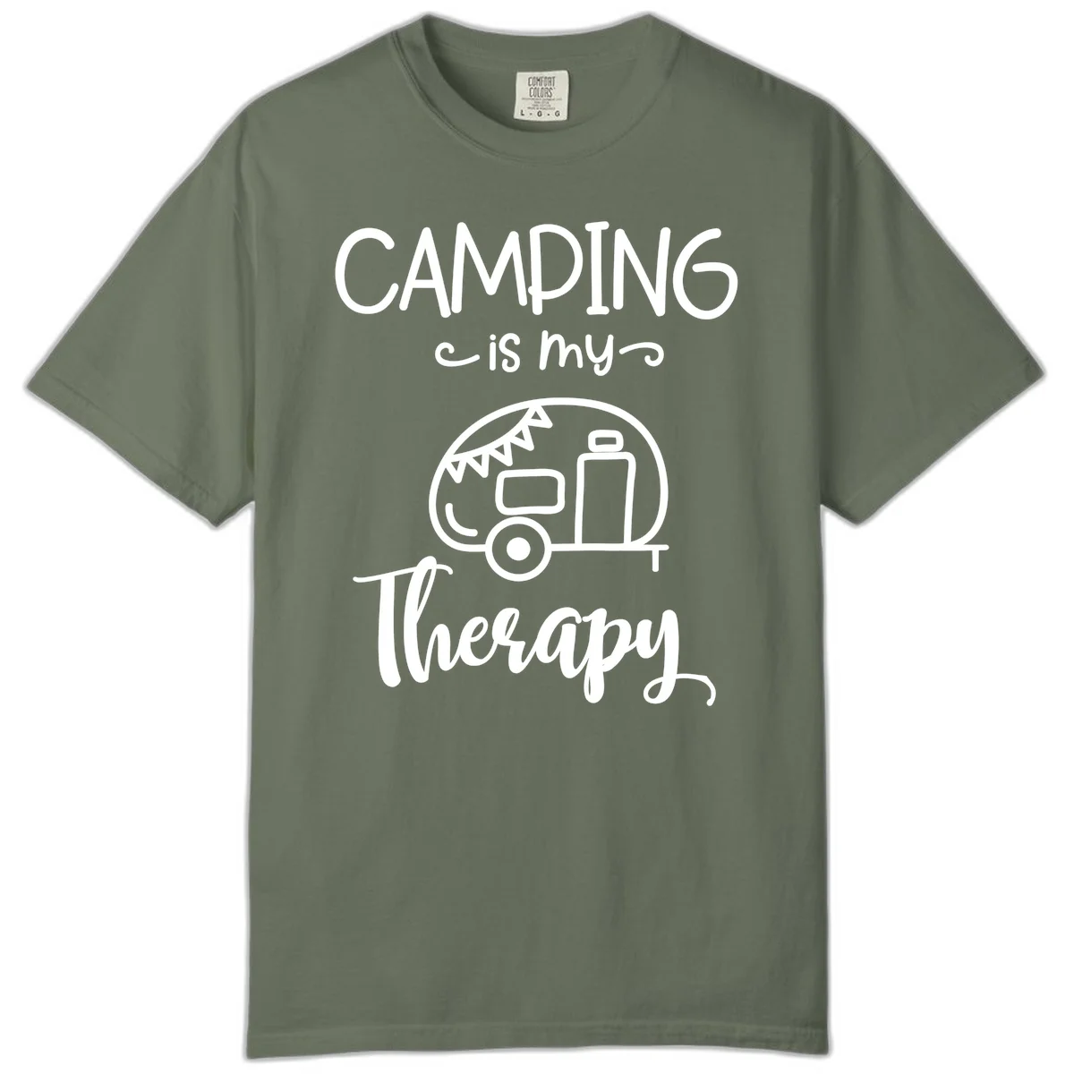 White line drawing of vintage travel trailer with bunting and text reading 'Camping is my Therapy' on gray background in Moss
