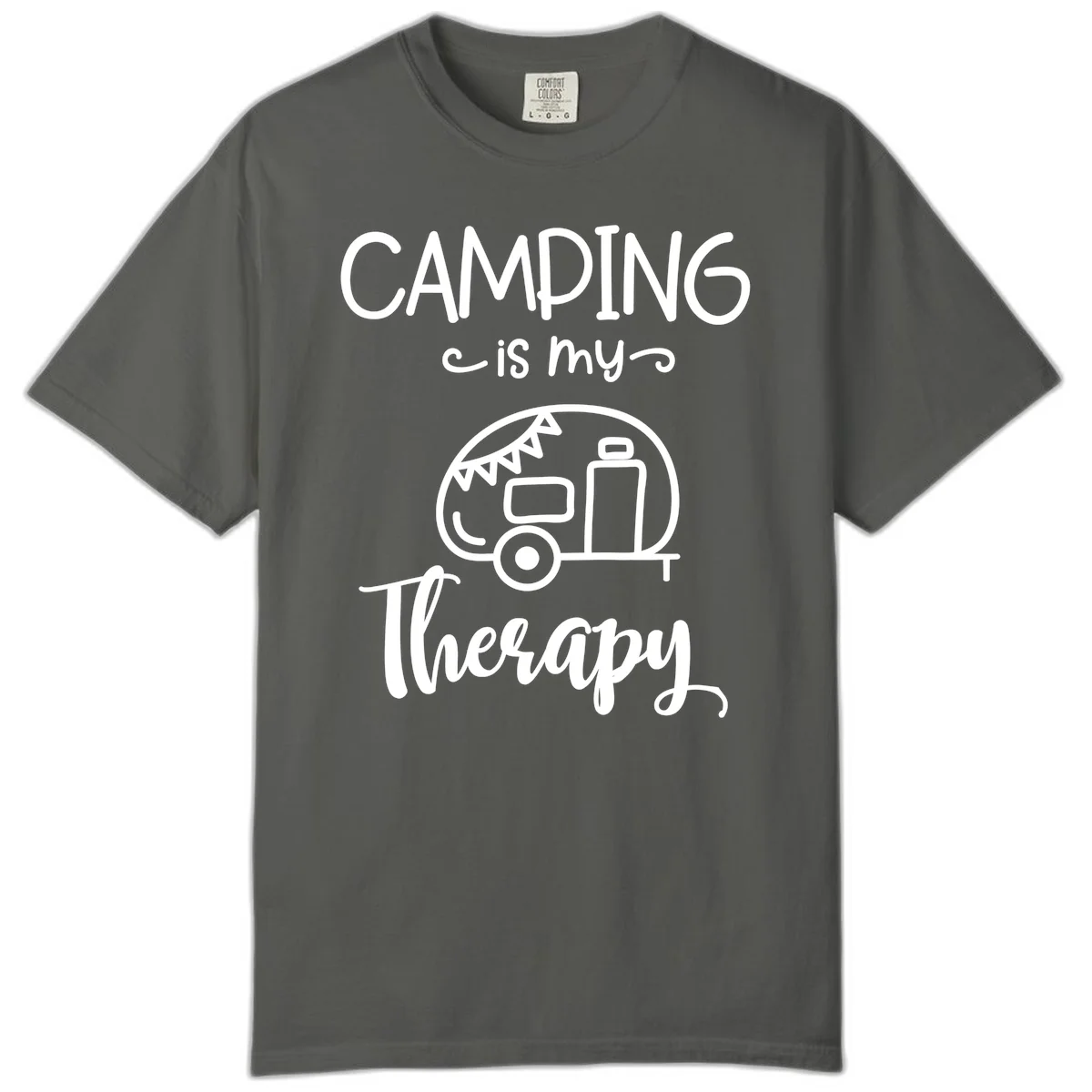 White line drawing of vintage travel trailer with bunting and text reading 'Camping is my Therapy' on gray background in Pepper