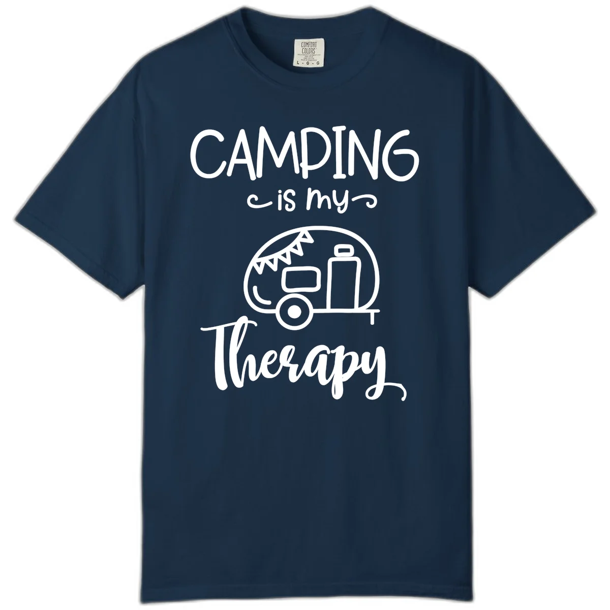 White line drawing of vintage travel trailer with bunting and text reading 'Camping is my Therapy' on gray background in True Navy