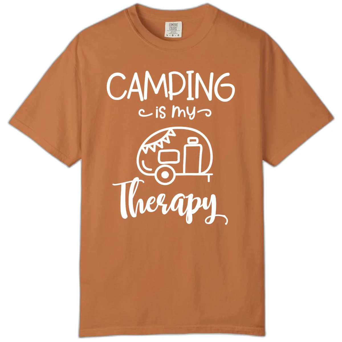 White line drawing of vintage travel trailer with bunting and text reading 'Camping is my Therapy' on gray background in Yam