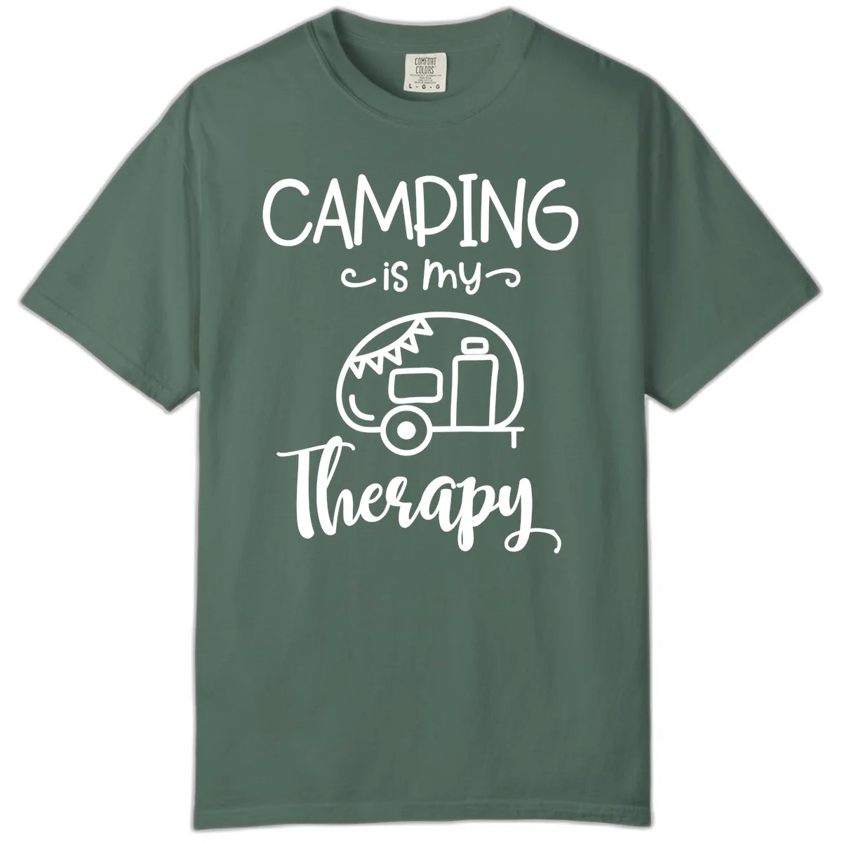 White line drawing of vintage travel trailer with bunting and text reading 'Camping is my Therapy' on gray background in Blue Spruce