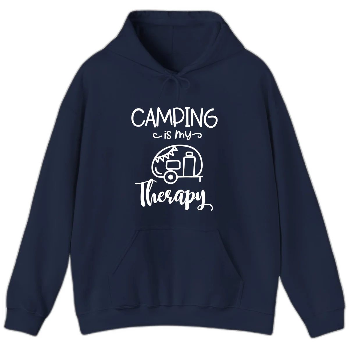 White line drawing of vintage travel trailer with bunting and text reading 'Camping is my Therapy' on gray background in Navy