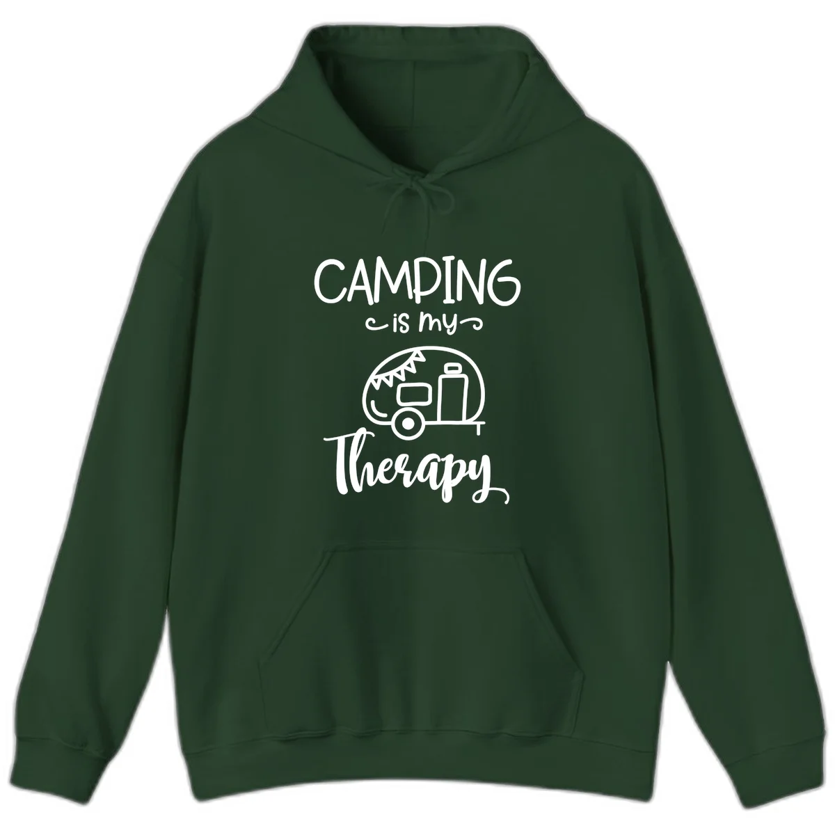 White line drawing of vintage travel trailer with bunting and text reading 'Camping is my Therapy' on gray background in Forest Green