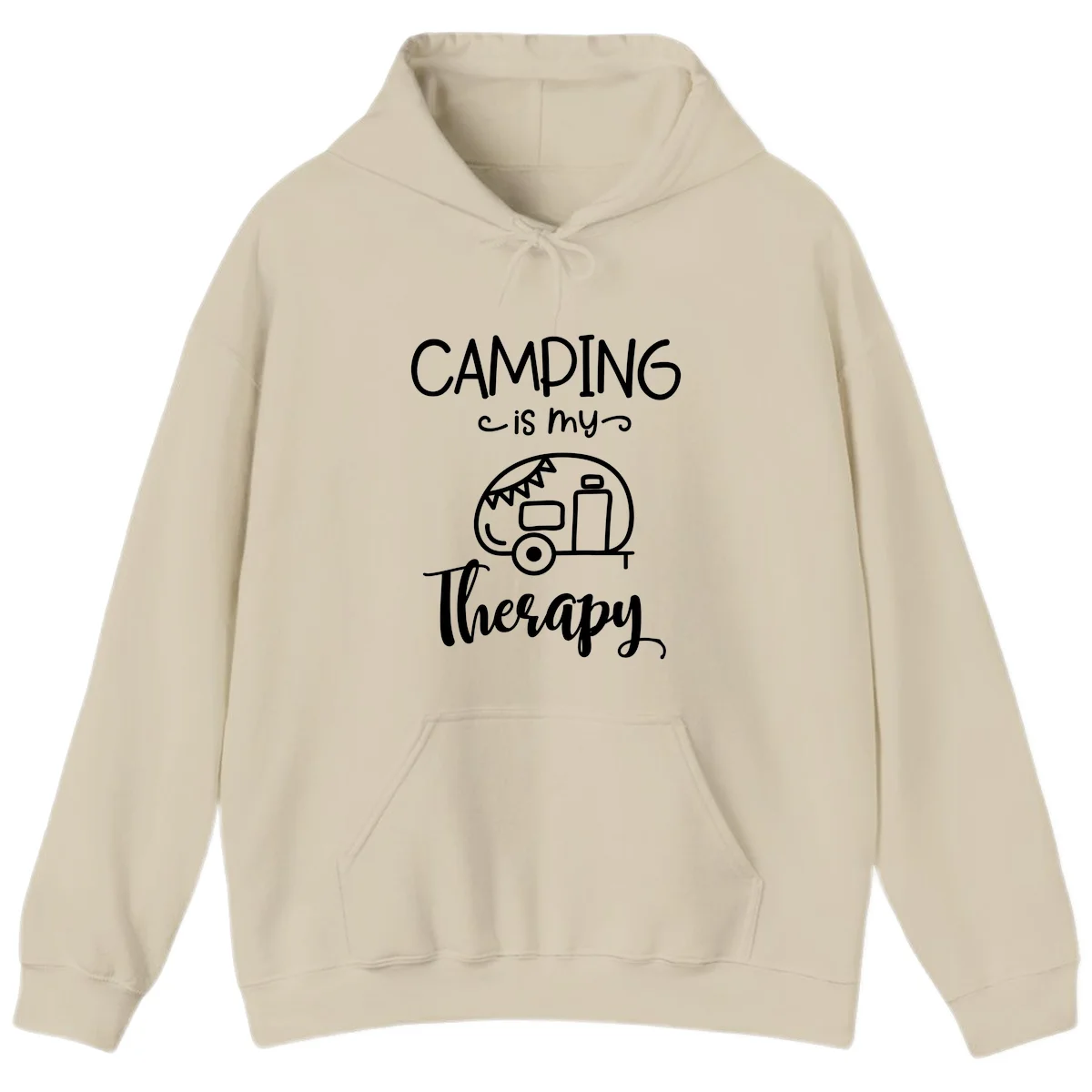 White line drawing of vintage travel trailer with bunting and text reading 'Camping is my Therapy' on gray background in Sand