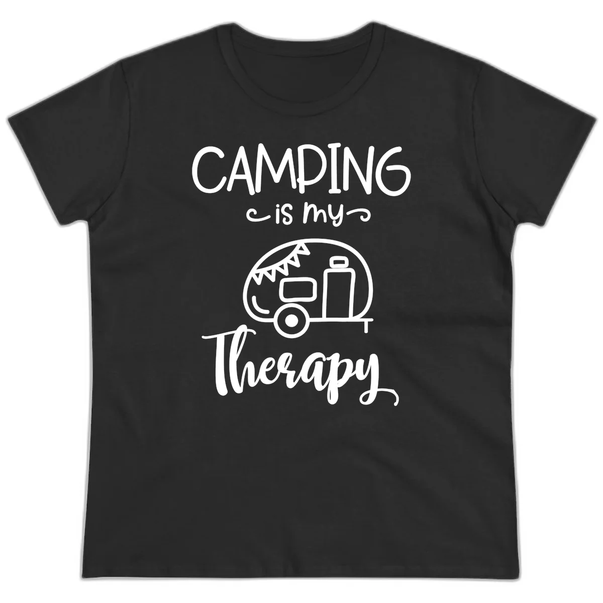 White line drawing of vintage travel trailer with bunting and text reading 'Camping is my Therapy' on gray background in Black