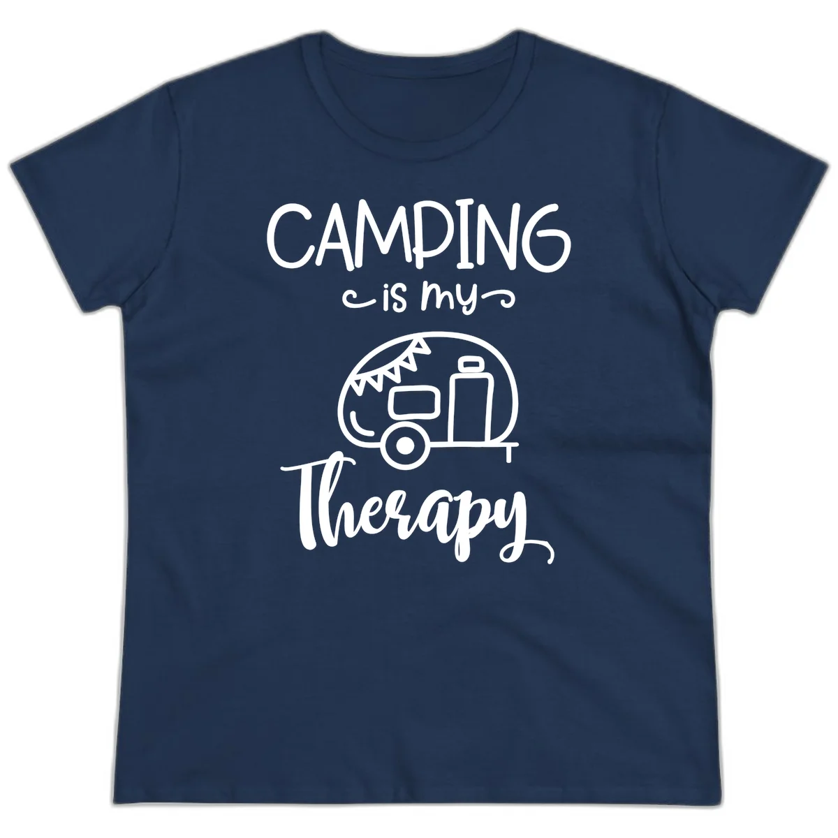 White line drawing of vintage travel trailer with bunting and text reading 'Camping is my Therapy' on gray background in Navy