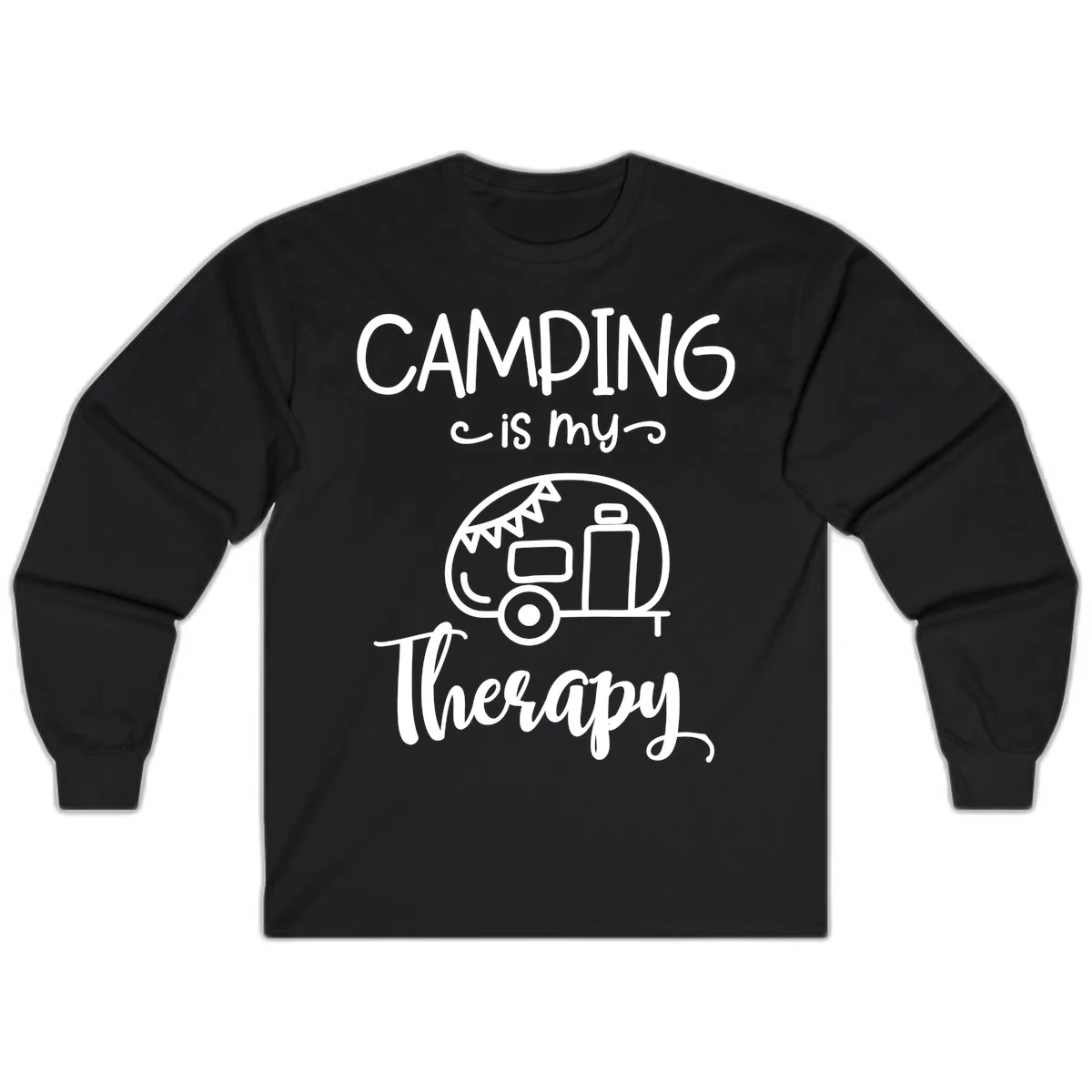White line drawing of vintage travel trailer with bunting and text reading 'Camping is my Therapy' on gray background in Black