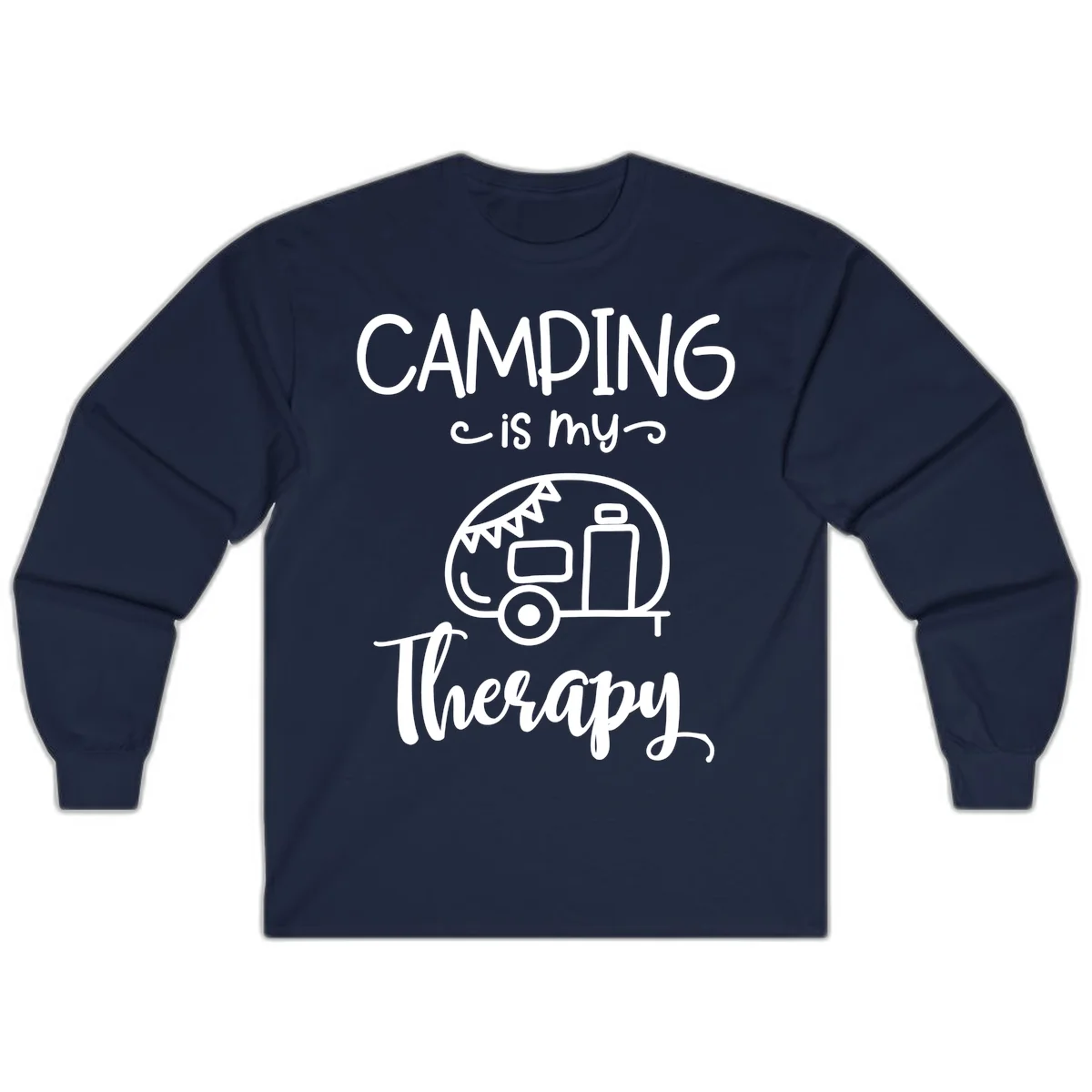 White line drawing of vintage travel trailer with bunting and text reading 'Camping is my Therapy' on gray background in Navy