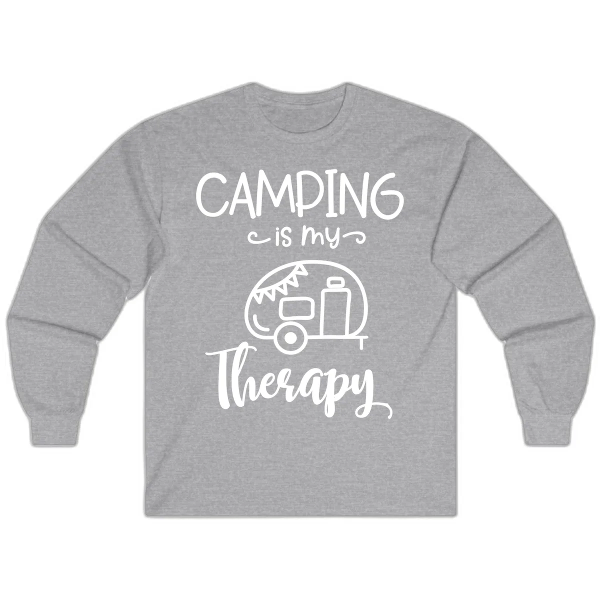 White line drawing of vintage travel trailer with bunting and text reading 'Camping is my Therapy' on gray background in Sport Grey