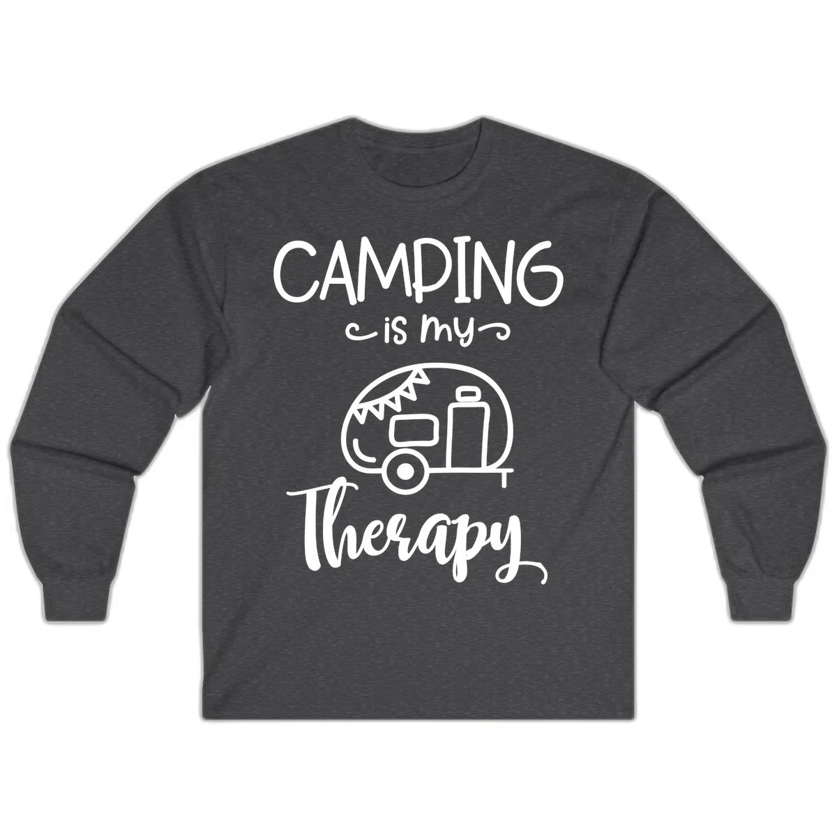 White line drawing of vintage travel trailer with bunting and text reading 'Camping is my Therapy' on gray background in Dark Heather
