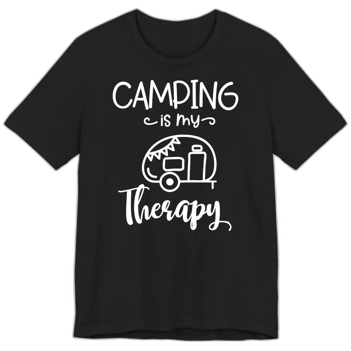 White line drawing of vintage travel trailer with bunting and text reading 'Camping is my Therapy' on gray background in Black
