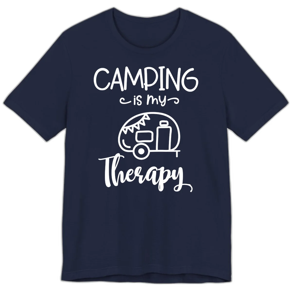 White line drawing of vintage travel trailer with bunting and text reading 'Camping is my Therapy' on gray background in Navy