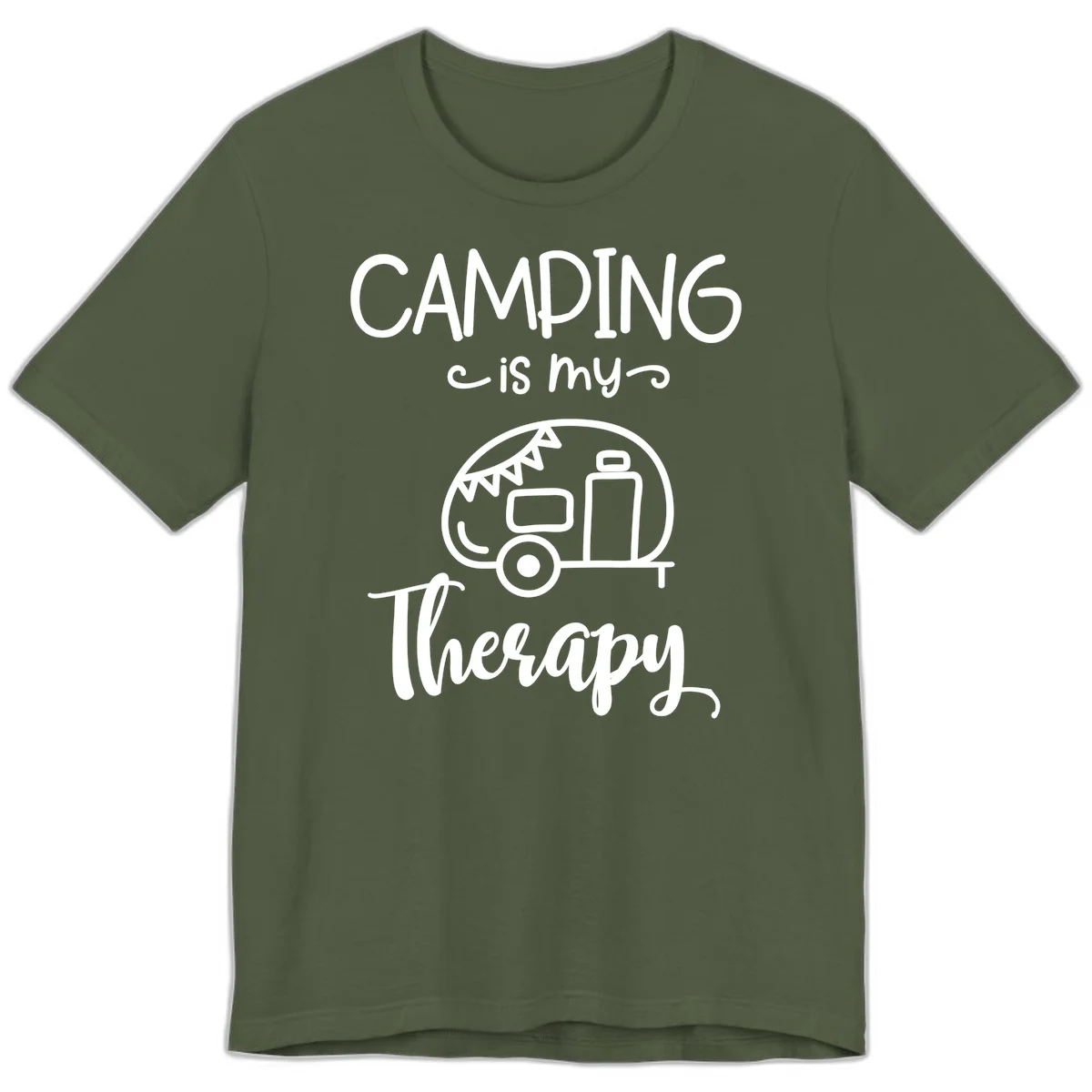 White line drawing of vintage travel trailer with bunting and text reading 'Camping is my Therapy' on gray background in Military Green