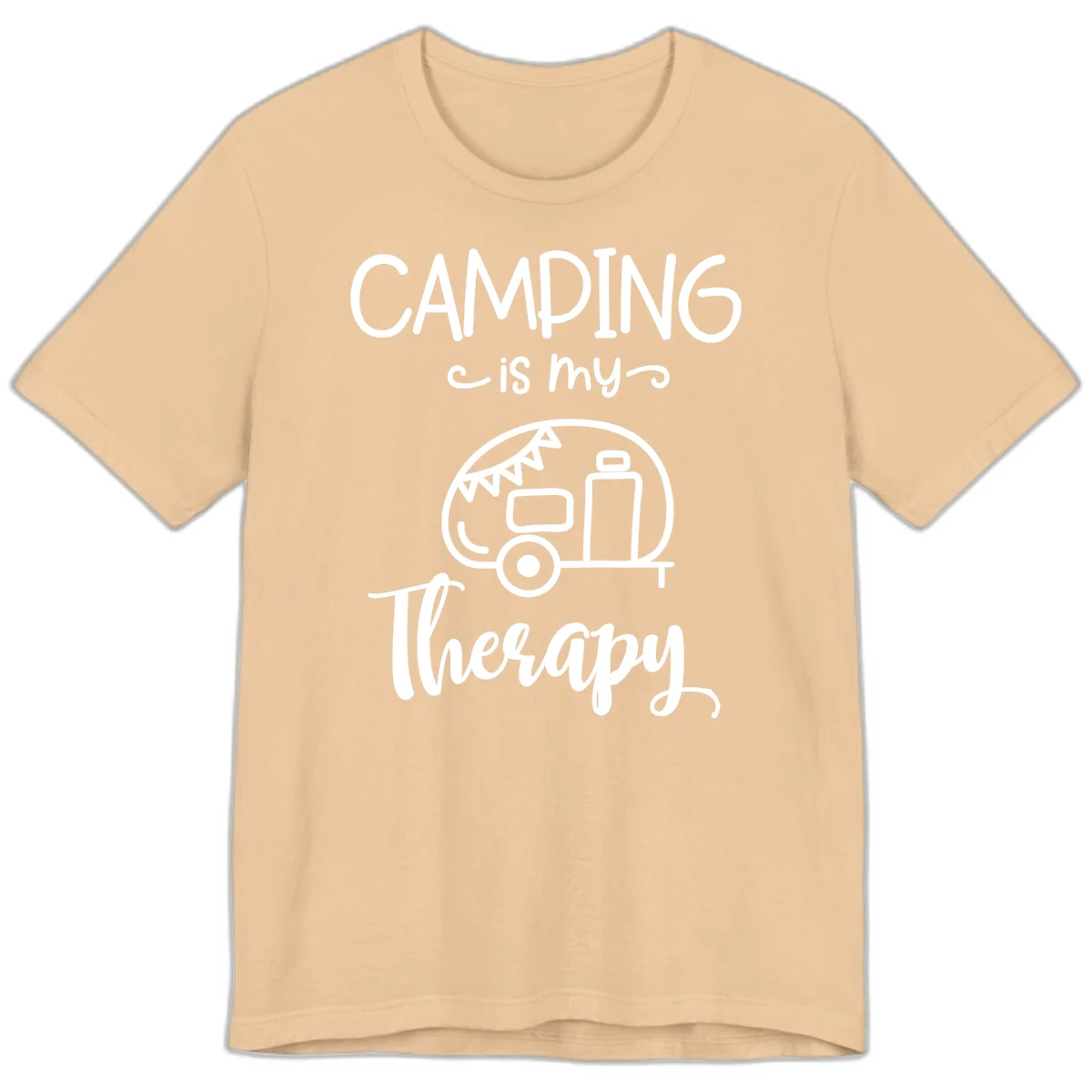 White line drawing of vintage travel trailer with bunting and text reading 'Camping is my Therapy' on gray background in Sand Dune