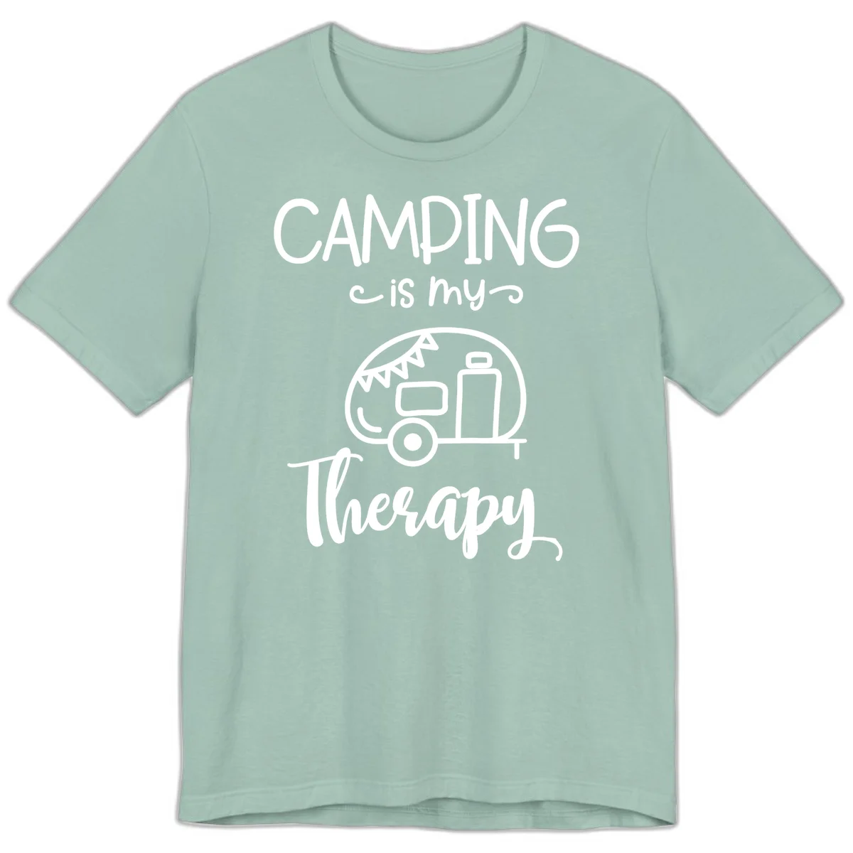 White line drawing of vintage travel trailer with bunting and text reading 'Camping is my Therapy' on gray background in Dusty Blue