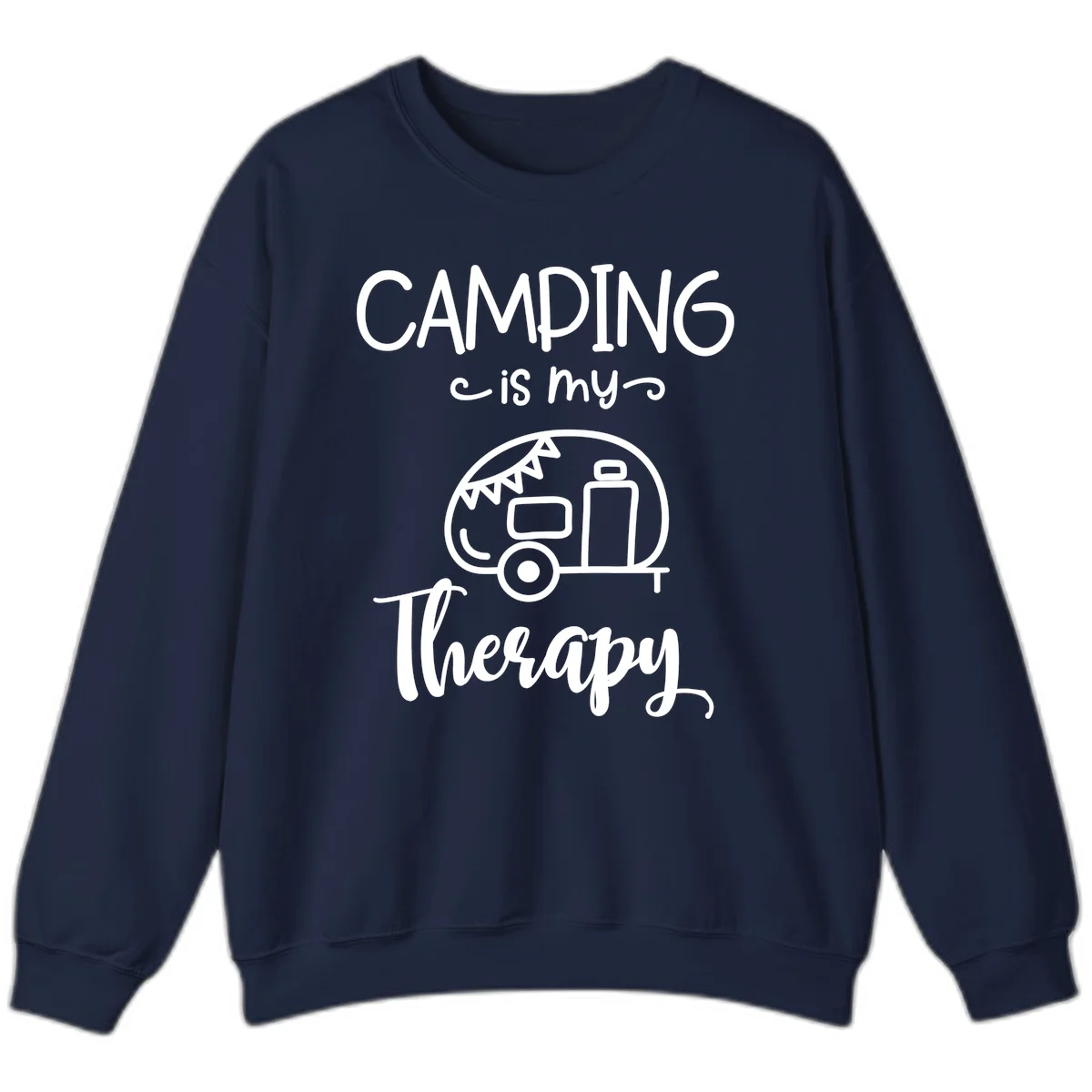 White line drawing of vintage travel trailer with bunting and text reading 'Camping is my Therapy' on gray background in Navy