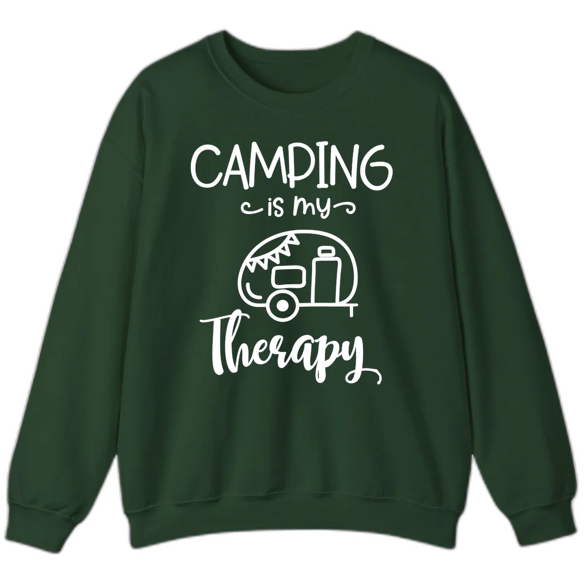White line drawing of vintage travel trailer with bunting and text reading 'Camping is my Therapy' on gray background in Forest Green