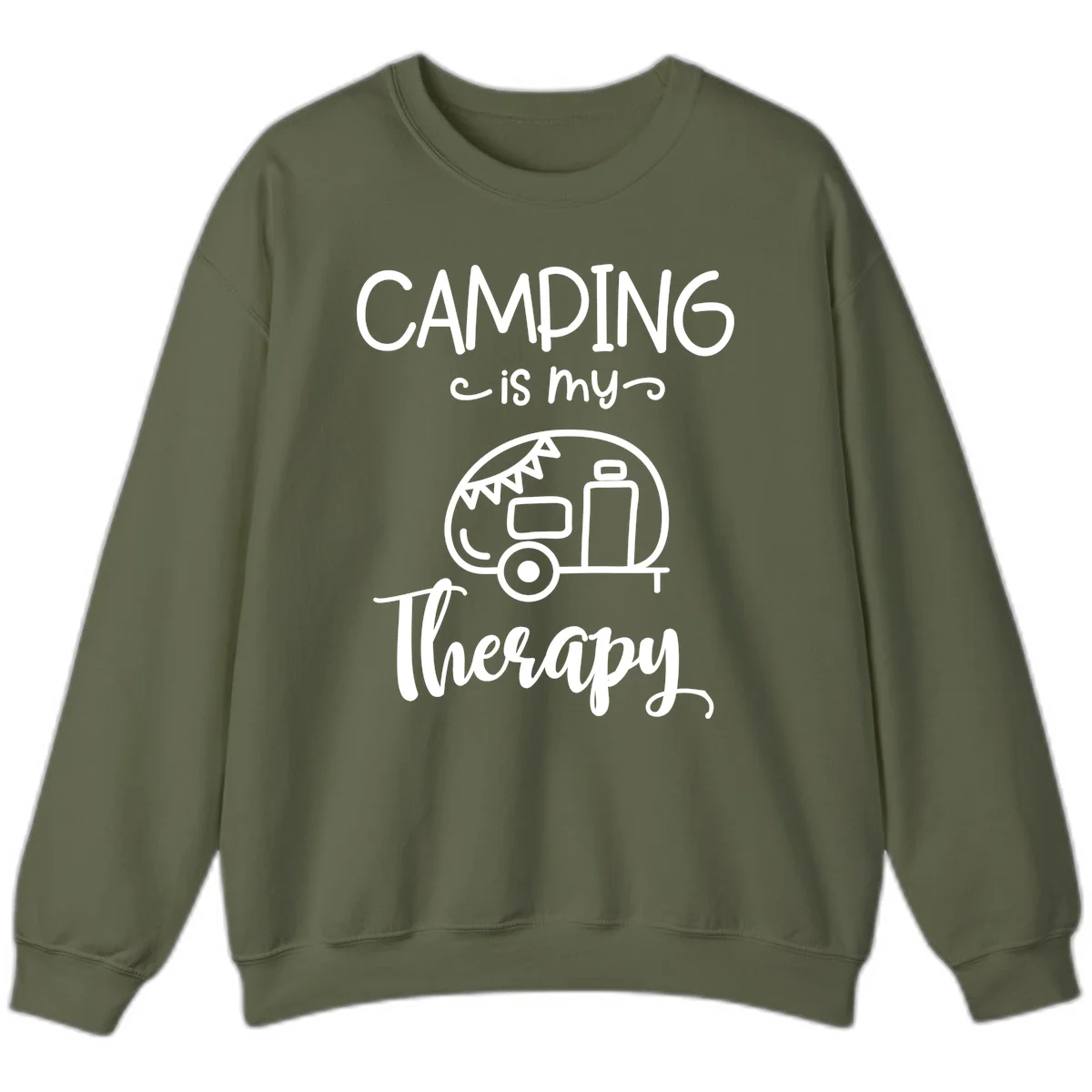 White line drawing of vintage travel trailer with bunting and text reading 'Camping is my Therapy' on gray background in Military Green