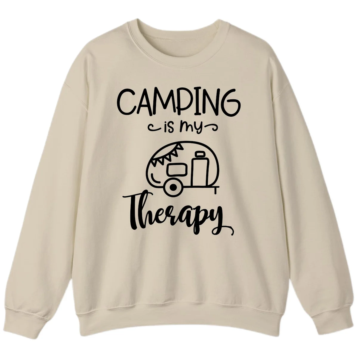 White line drawing of vintage travel trailer with bunting and text reading 'Camping is my Therapy' on gray background in Sand