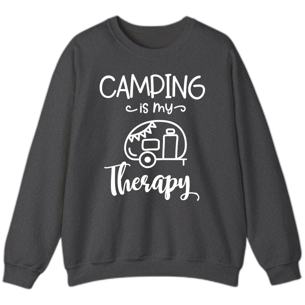 White line drawing of vintage travel trailer with bunting and text reading 'Camping is my Therapy' on gray background in Dark Heather