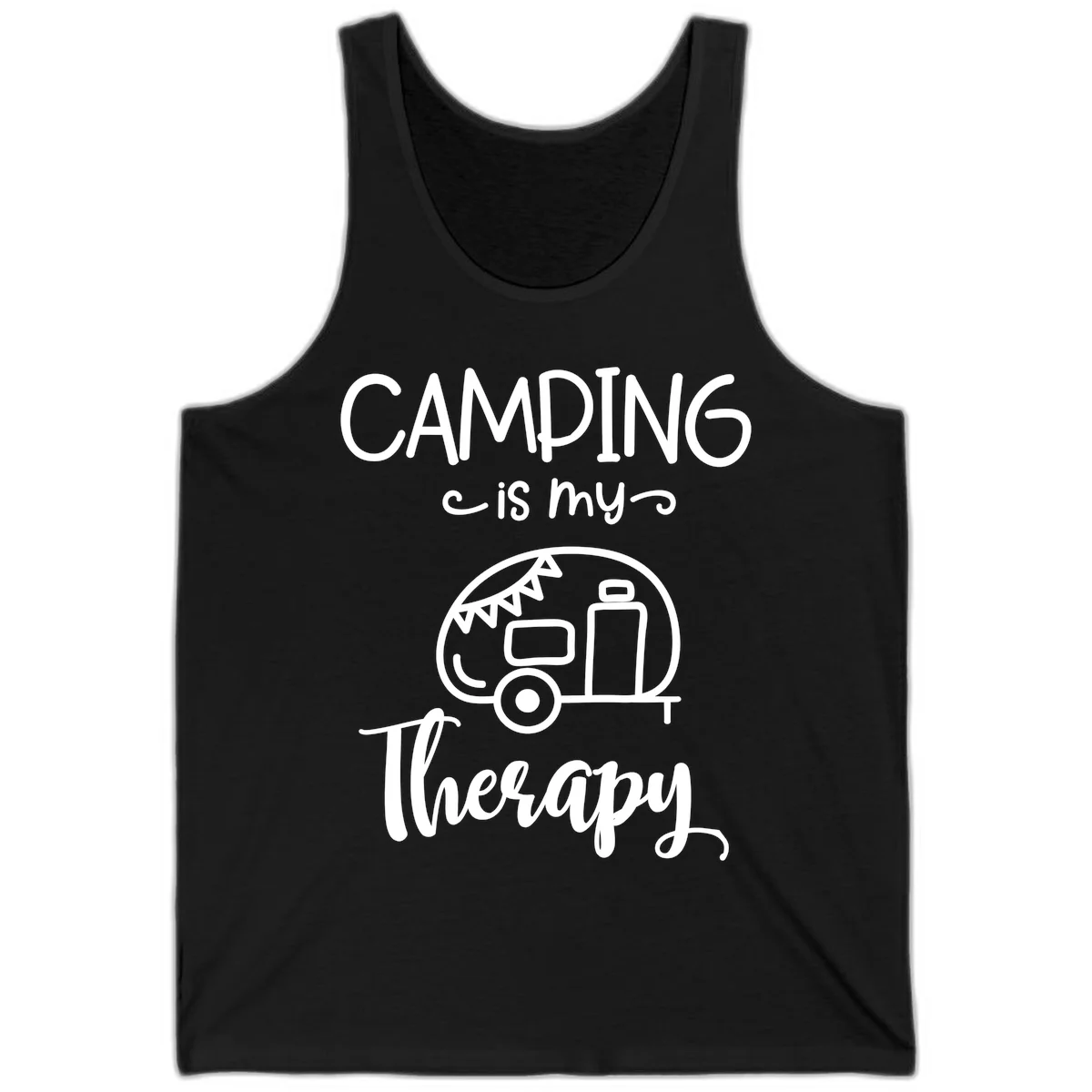 White line drawing of vintage travel trailer with bunting and text reading 'Camping is my Therapy' on gray background in Black