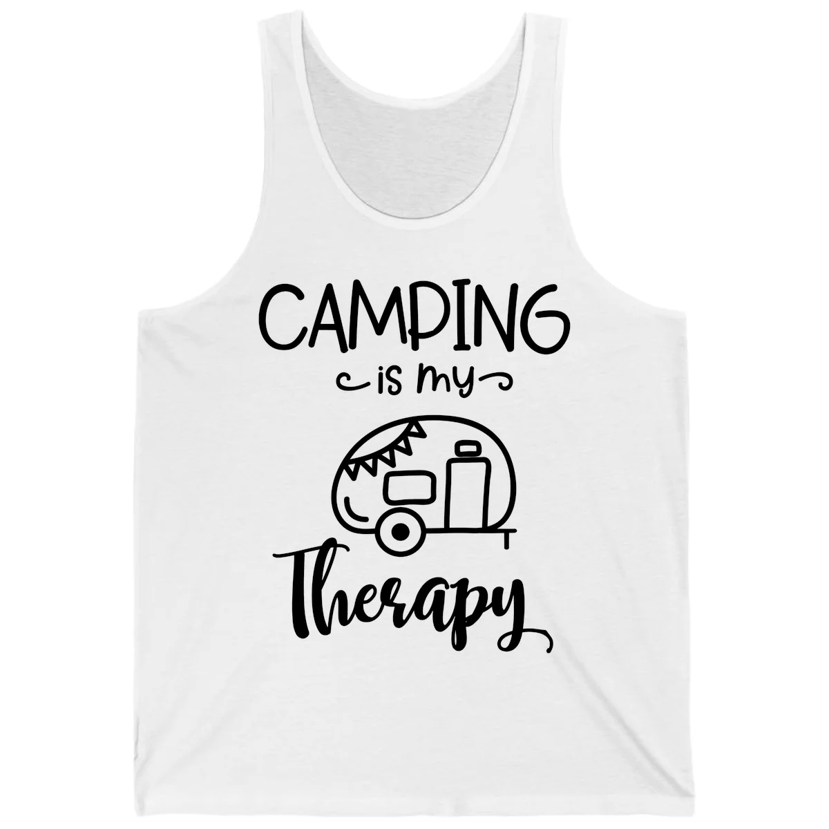 White line drawing of vintage travel trailer with bunting and text reading 'Camping is my Therapy' on gray background in White