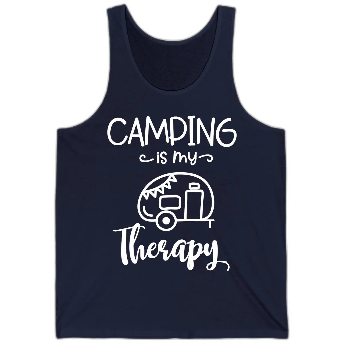 White line drawing of vintage travel trailer with bunting and text reading 'Camping is my Therapy' on gray background in Navy