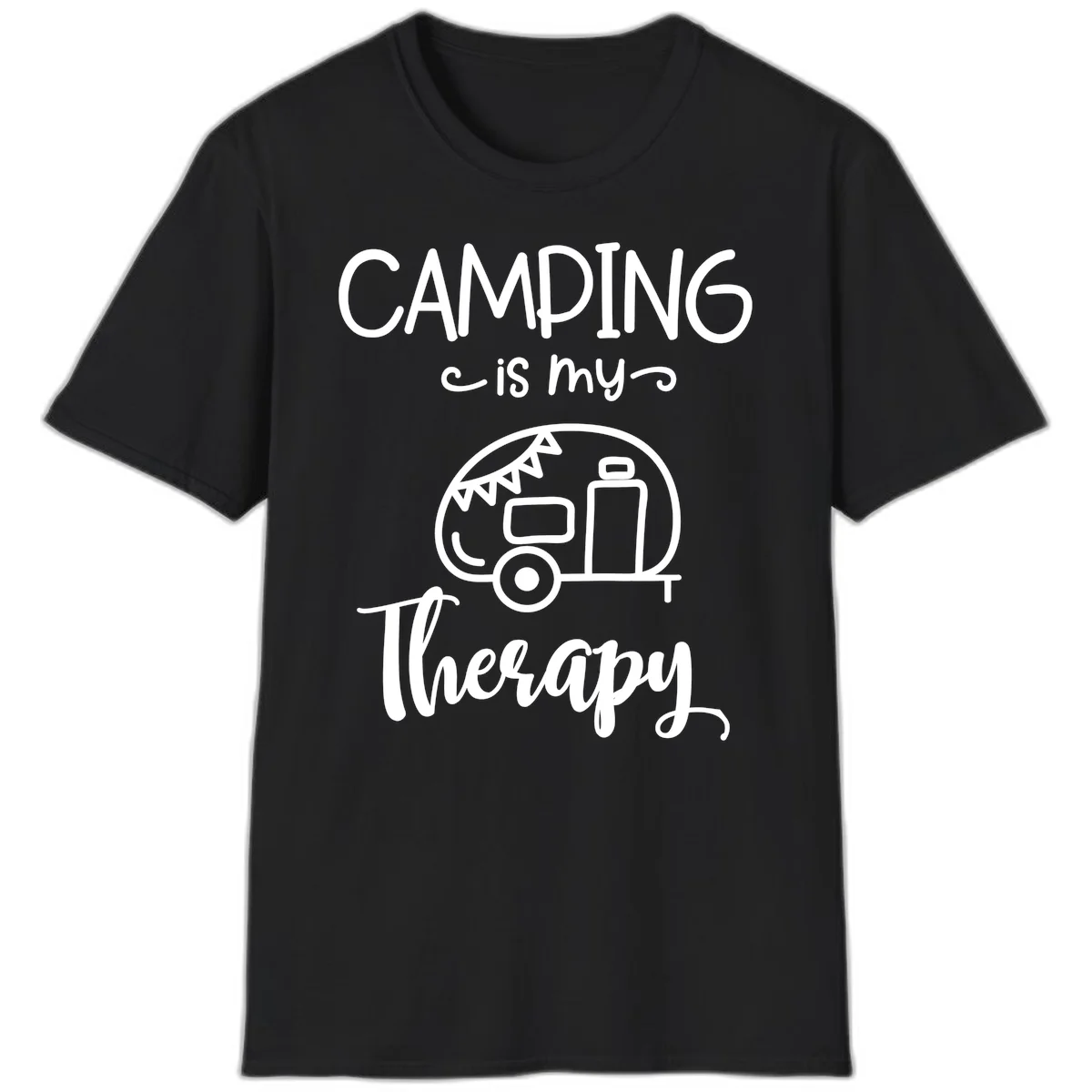 White line drawing of vintage travel trailer with bunting and text reading 'Camping is my Therapy' on gray background in Black